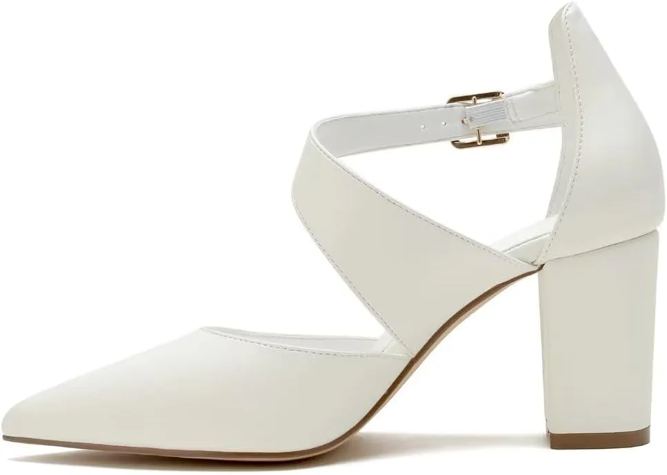 Block Heel Wedding Shoes for Bride Closed Toe Bridal Shoes Ankle Strap Wedding Chunky Heels