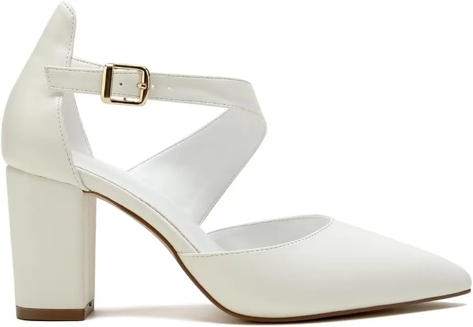 Block Heel Wedding Shoes for Bride Closed Toe Bridal Shoes Ankle Strap Wedding Chunky Heels