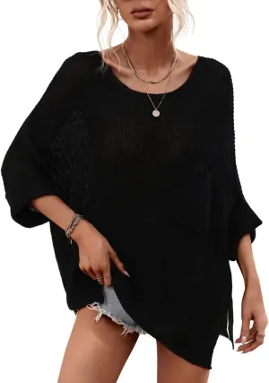 chouyatou Women's Spring Oversized Short Sleeve Crochet Sweater Top Beach Summer T-Shirt