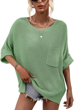 chouyatou Women's Spring Oversized Short Sleeve Crochet Sweater Top Beach Summer T-Shirt