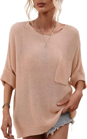 chouyatou Women's Spring Oversized Short Sleeve Crochet Sweater Top Beach Summer T-Shirt