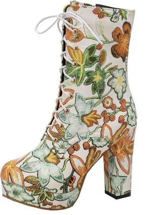 Floral Flower Chunky High Heels Ankle Boots Platform Booties Round Toe Lace Up Side Zipper Goth Combat Boots for Women