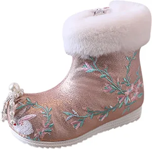 Girls Ankle Pearl Boots Warm Cotton Boots Embroidered Boots National Boots Cotton Boots Toddler Tan Boots