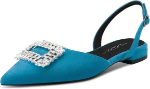 HDEUOLM Women Chunky Block Low Heel Pointed Toe Flats Shoes Slingback Rhinestone Crystal Prom Dress Shoes
