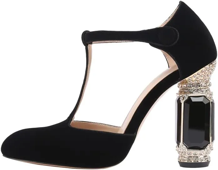 JANSEVEN Women Chunky High Heels Block Heeled Crystal Pumps Unique Jewel Gemstone Heel Round Closed Toe With Rhinestone Suede T-strap Sandals Party Bridal Wedding Shoes