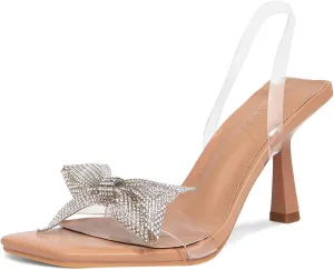 Jeesay Square Toe Women's Kitten High Heels Sandals Diamond Bow Clear Slingback Stilettos Casual Dress Shoes