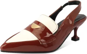keleimusi Pointy Toe Kitten Penny Loafers Contrast Color-Block Leather Slingback Shoes