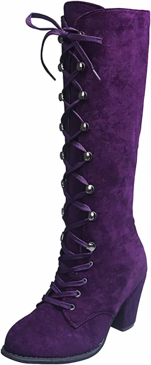 Knee High Boots Women Wide Calf Lace Up Knee High Boots Chunky Heel Vintage Retro Round Toe Lace Up Low Heel Shoes