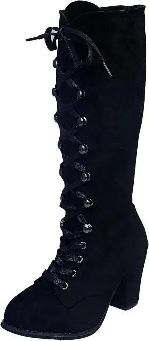 Knee High Boots Women Wide Calf Lace Up Knee High Boots Chunky Heel Vintage Retro Round Toe Lace Up Low Heel Shoes