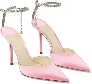 LauraVicci Women's Heeled Sandals Crystal Chain Ankle Straps Rhinestones Buckle High Heels Stiletto Slip On Wedding Party Satin Dress Shoes
