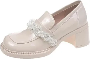 Loafers for Women Women's Retro Round Toe Loafers with Crystal High Heels All Match Sweet Style