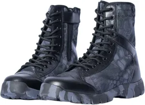 Mens Military Boots, Men's Summer Side Zip and Lace Up Camouflage High Top Tactical Boots, Lightweight Waterproof Work Army Boots, for Tactical, Military, Combat, Hunting