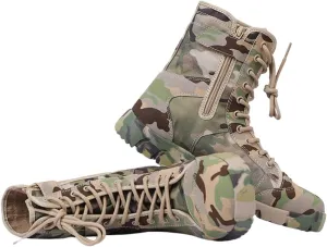 Mens Military Boots, Men's Summer Side Zip and Lace Up Camouflage High Top Tactical Boots, Lightweight Waterproof Work Army Boots, for Tactical, Military, Combat, Hunting