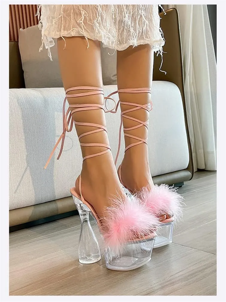 MissHeel Lace Up Crystal Clear Platform Chunky Heels