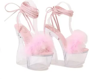MissHeel Lace Up Crystal Clear Platform Chunky Heels