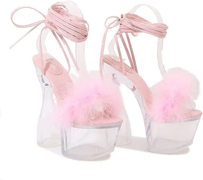 MissHeel Lace Up Crystal Clear Platform Chunky Heels