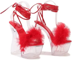 MissHeel Lace Up Crystal Clear Platform Chunky Heels