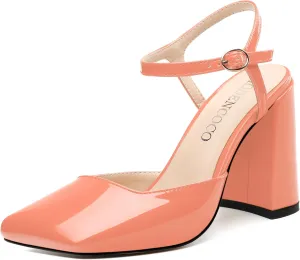 MODENCOCO Womens Closed Toe Ankle Strap Heels Square Toe Block Heeled Sandals Patent High Heel Pumps Sexy Party Wedding Dress Shoes