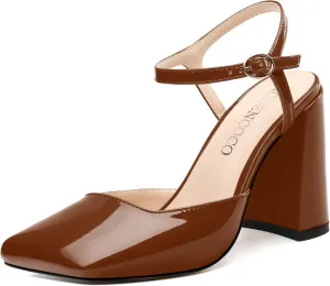 MODENCOCO Womens Closed Toe Ankle Strap Heels Square Toe Block Heeled Sandals Patent High Heel Pumps Sexy Party Wedding Dress Shoes