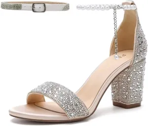 Rhinestone Block Heel Wedding Sandals Open Toe Wedding Shoes for Bride Pearl Heels