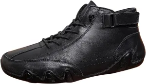 Roorsily Mens Leather Shoes High Top Lace Up Hook Loop Sport Shoes Solid Color Water Proof Shoes Soft Flat Soled Shoes
