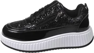 Sparkly Women's Platform Sneakers Fashionable Glossy Lace Up Zipper Round Toe Flat Jogging Tennis Casual Shoes Cushioned Footbed Comfortable Walking Shoe for Gym Travel Daily Wear