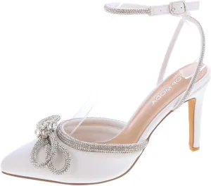 TOP Moda Women's High Heels Closed Toe Rhinestone Bow Ankle Strap Pumps Dress Shoes
