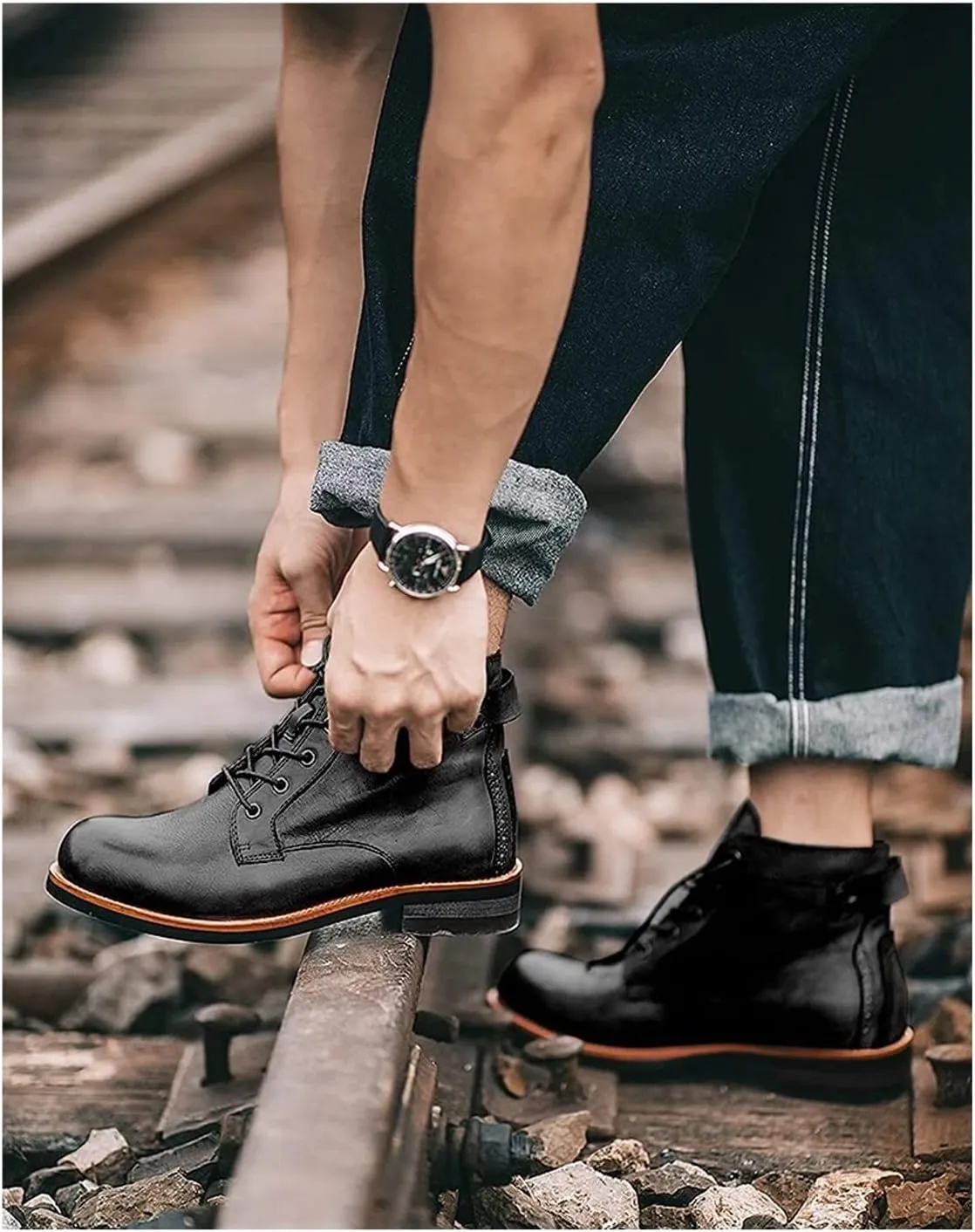 Tzsaixeh Mens Casual Lace Up Motorcycle Boots Classic Combat Ankle Boots Autumn Winter Military Boots Men's Vintage Lace-Up Chelsea Boots
