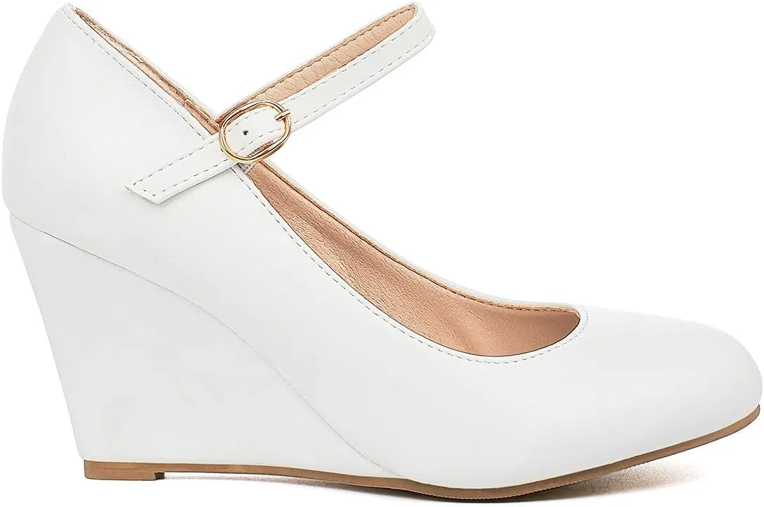 Uniquelly Womens Wedge Mary Janes High Heel Pumps Buckle Strap Round Toe Elegant Uniform Work Shoes