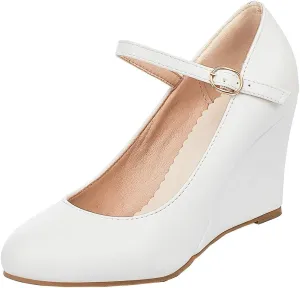 Uniquelly Womens Wedge Mary Janes High Heel Pumps Buckle Strap Round Toe Elegant Uniform Work Shoes