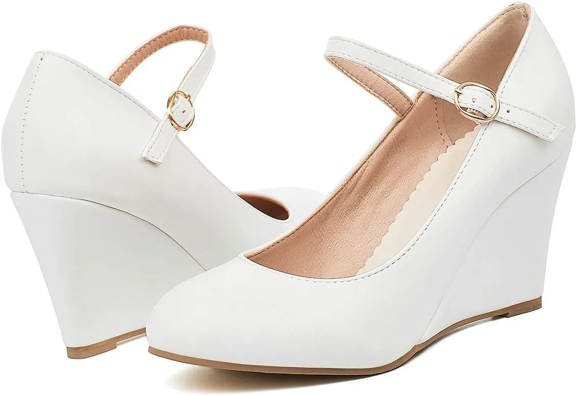 Uniquelly Womens Wedge Mary Janes High Heel Pumps Buckle Strap Round Toe Elegant Uniform Work Shoes
