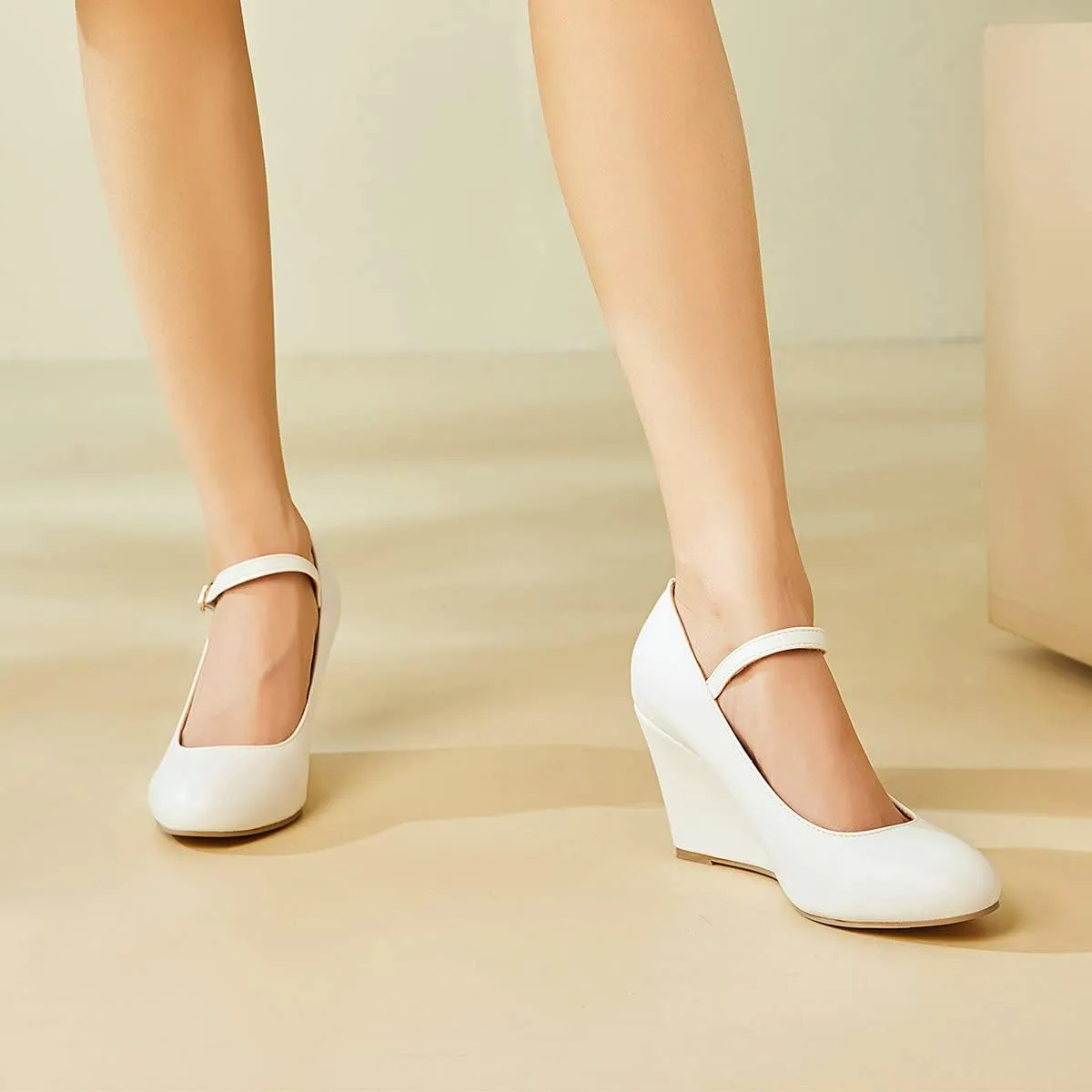 Uniquelly Womens Wedge Mary Janes High Heel Pumps Buckle Strap Round Toe Elegant Uniform Work Shoes