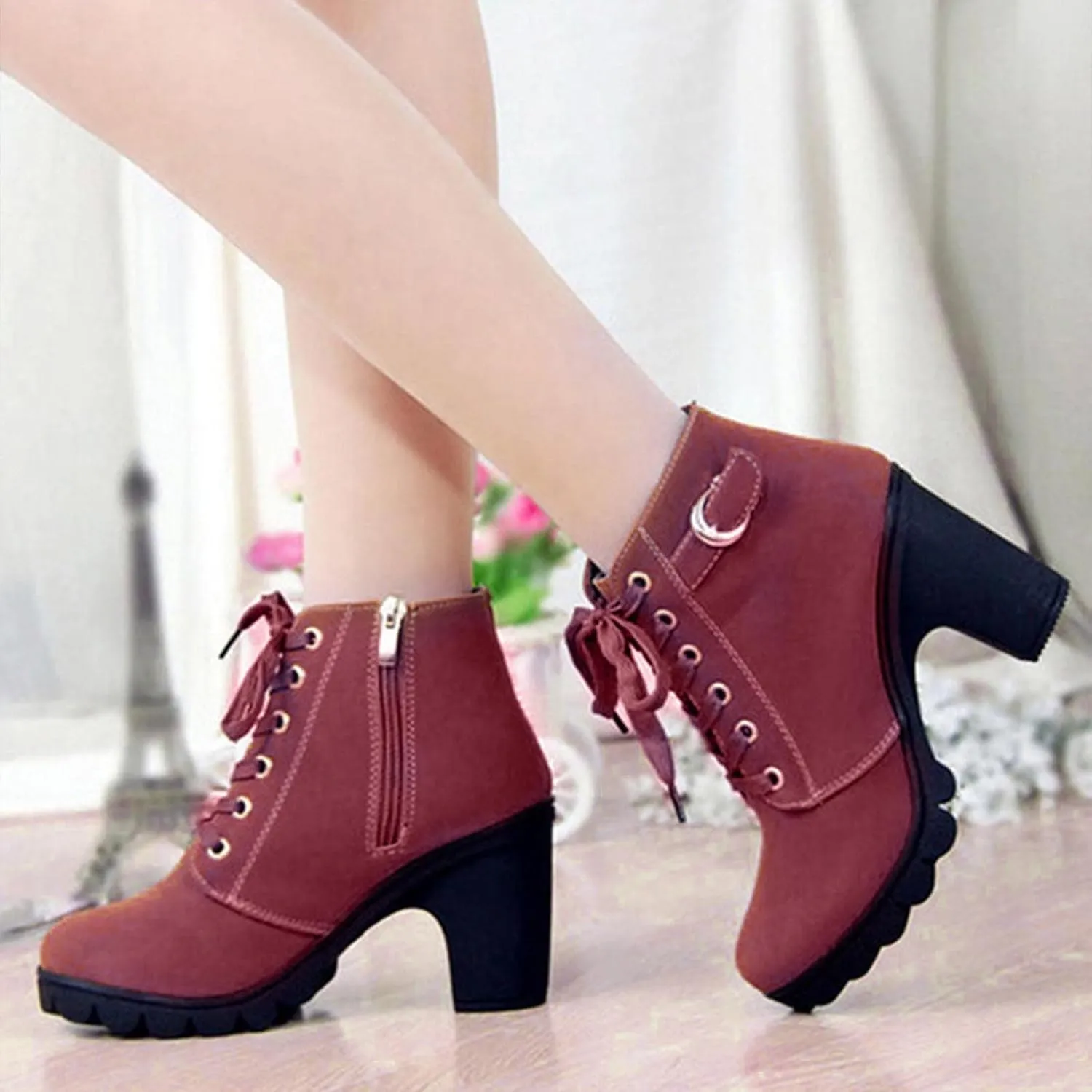 Women Lace Up Ankle Boots Chunky Heel Zip Up Buckle Booties Suede Zipper Bootie Elegant High Heel Short Boot Shoes