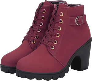 Women Lace Up Ankle Boots Chunky Heel Zip Up Buckle Booties Suede Zipper Bootie Elegant High Heel Short Boot Shoes
