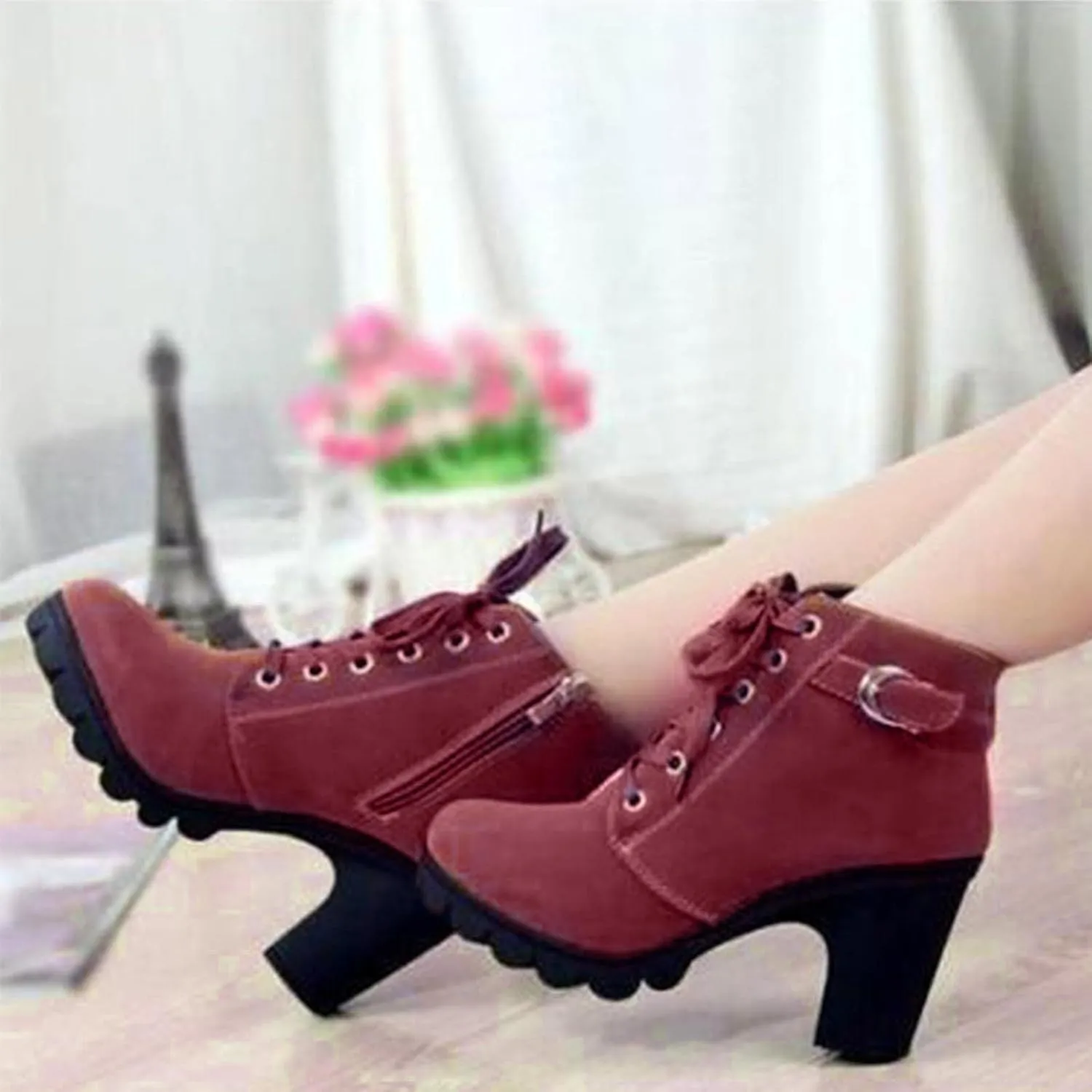 Women Lace Up Ankle Boots Chunky Heel Zip Up Buckle Booties Suede Zipper Bootie Elegant High Heel Short Boot Shoes