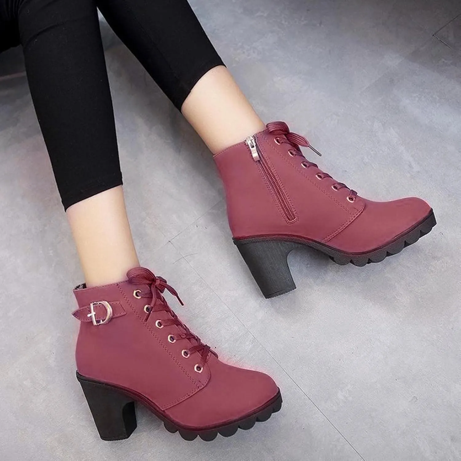 Women Lace Up Ankle Boots Chunky Heel Zip Up Buckle Booties Suede Zipper Bootie Elegant High Heel Short Boot Shoes