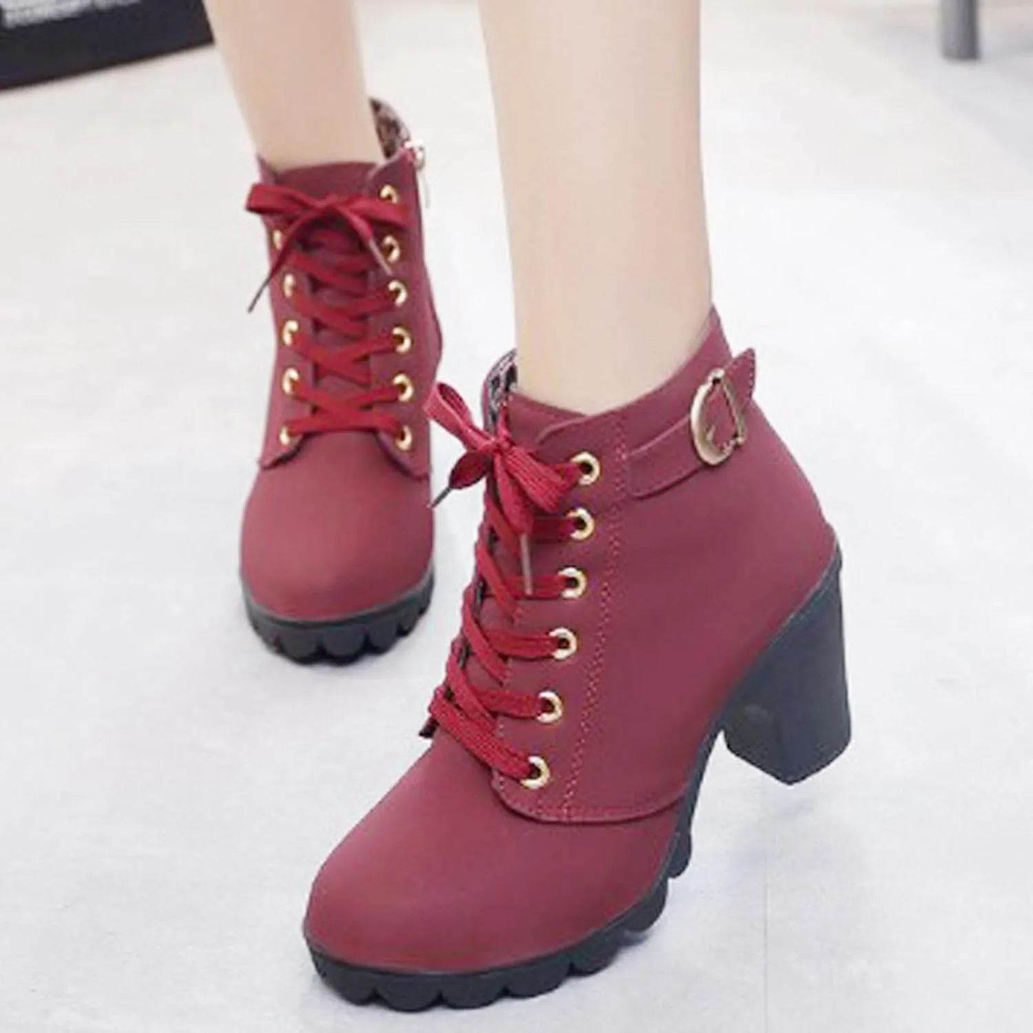 Women Lace Up Ankle Boots Chunky Heel Zip Up Buckle Booties Suede Zipper Bootie Elegant High Heel Short Boot Shoes