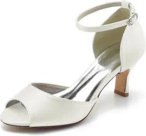 Women Peep Toe Wedding Shoes for Bride Satin Ankle Strap Wedding Shoes Low Kitten Heels Party Prom Dress Sandals