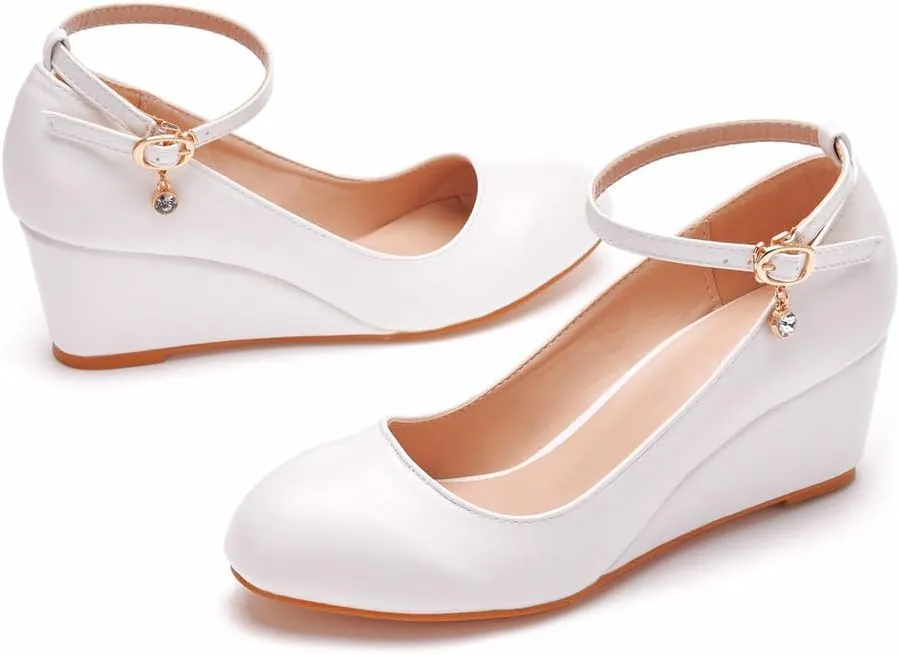 Women's Ankle Strap Buckle Wedges Heel Bridesmaid Wedding Shoes, Sexy Dress Bridal Heels, Closed Toe Bride Pumps