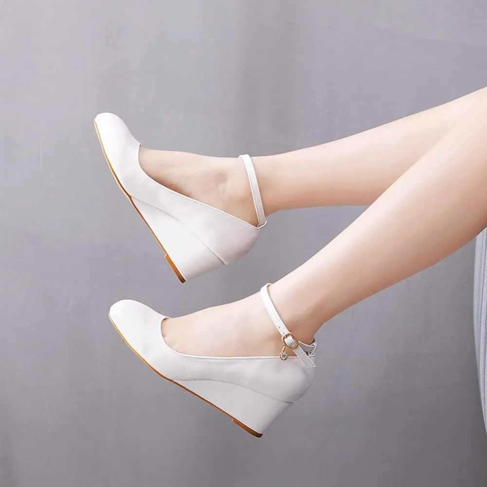 Women's Ankle Strap Buckle Wedges Heel Bridesmaid Wedding Shoes, Sexy Dress Bridal Heels, Closed Toe Bride Pumps