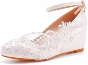 Women's Ankle Strap Buckle Wedges Heel Bridesmaid Wedding Shoes, Sexy Dress Bridal Heels, Closed Toe Bride Pumps