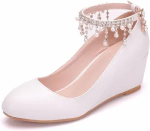 Women's Ankle Strap Buckle Wedges Heel Bridesmaid Wedding Shoes, Sexy Dress Bridal Heels, Closed Toe Bride Pumps