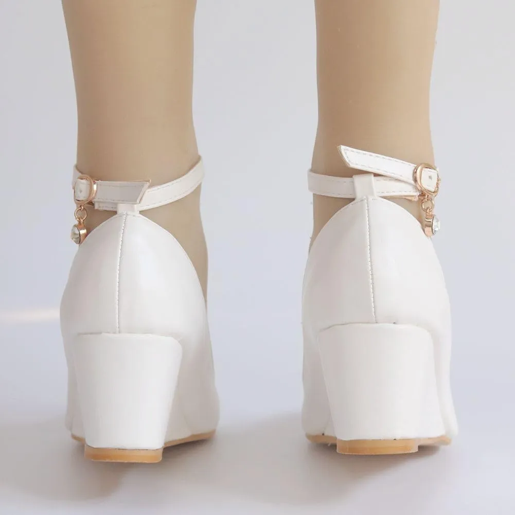 Women's Ankle Strap Buckle Wedges Heel Bridesmaid Wedding Shoes, Sexy Dress Bridal Heels, Closed Toe Bride Pumps