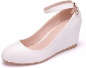 Women's Ankle Strap Buckle Wedges Heel Bridesmaid Wedding Shoes, Sexy Dress Bridal Heels, Closed Toe Bride Pumps