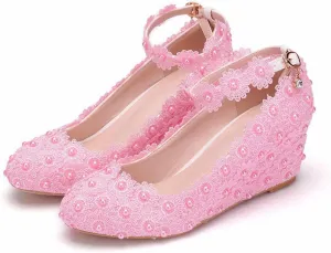 Women's Ankle Strap Buckle Wedges Heel Bridesmaid Wedding Shoes, Sexy Dress Bridal Heels, Closed Toe Bride Pumps