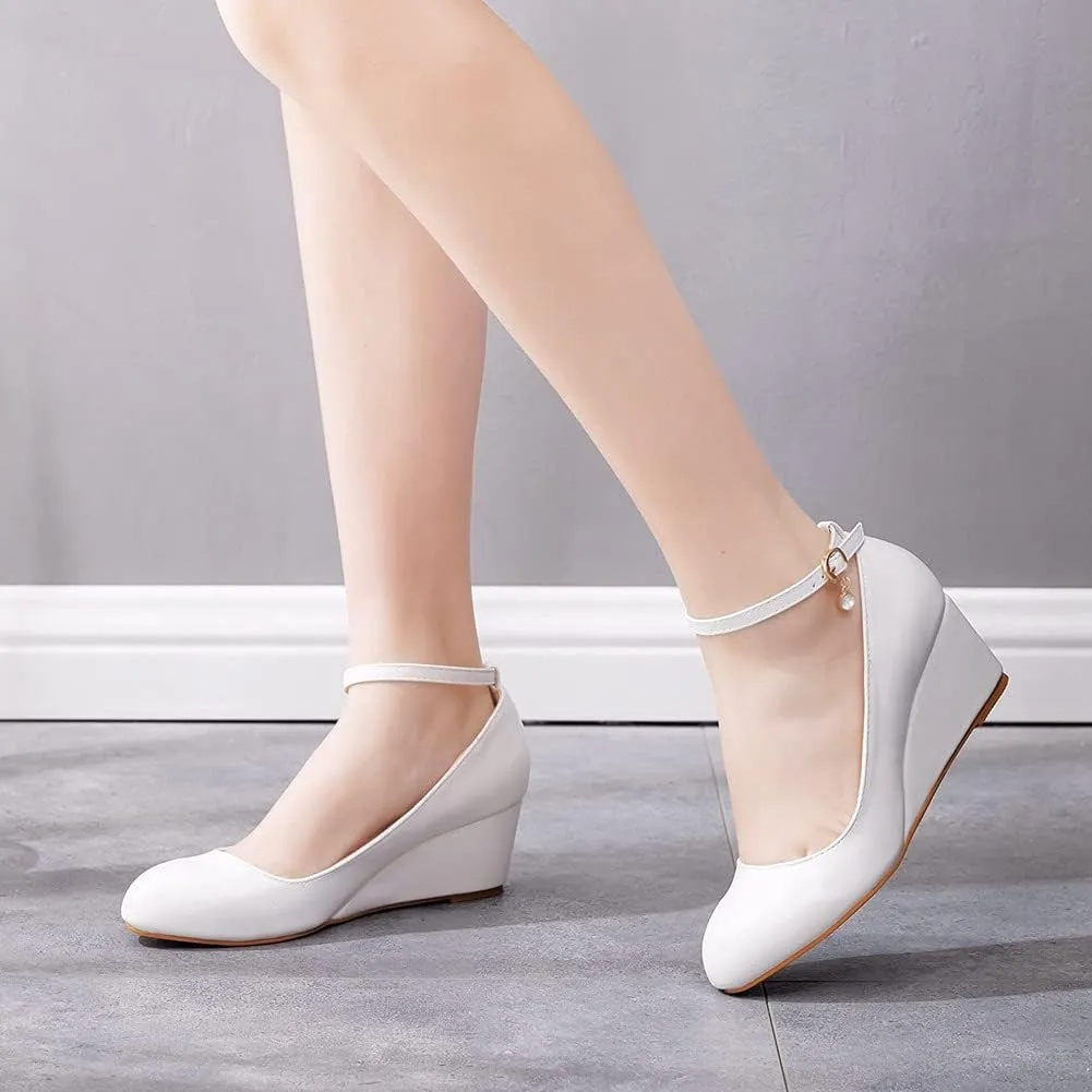 Women's Ankle Strap Buckle Wedges Heel Bridesmaid Wedding Shoes, Sexy Dress Bridal Heels, Closed Toe Bride Pumps