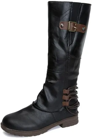 Womens Boots Fashion Buckle PU Leather Short Heel Waterproof Boots for Women Round Toe Side Zipper Mid-Calf Boots