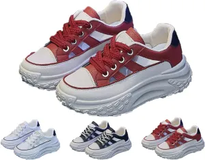 Women's Chunky Platform Sneakers – Breathable Mesh & Leather, Lace-Up Walking Shoes, Shock-Absorbing, Non-Slip, Fashion Trainers for Running, Gym, Daily Wear