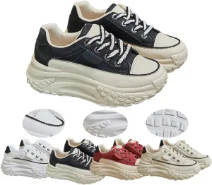 Women's Chunky Platform Sneakers – Breathable Mesh & Leather, Lace-Up Walking Shoes, Shock-Absorbing, Non-Slip, Fashion Trainers for Running, Gym, Daily Wear