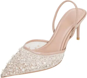 ‌Women’s Closed Pointed Toe Heels Elegant Pearl Stiletto High Sandals Sparkly Wedding Pumps for Formal Events and Party